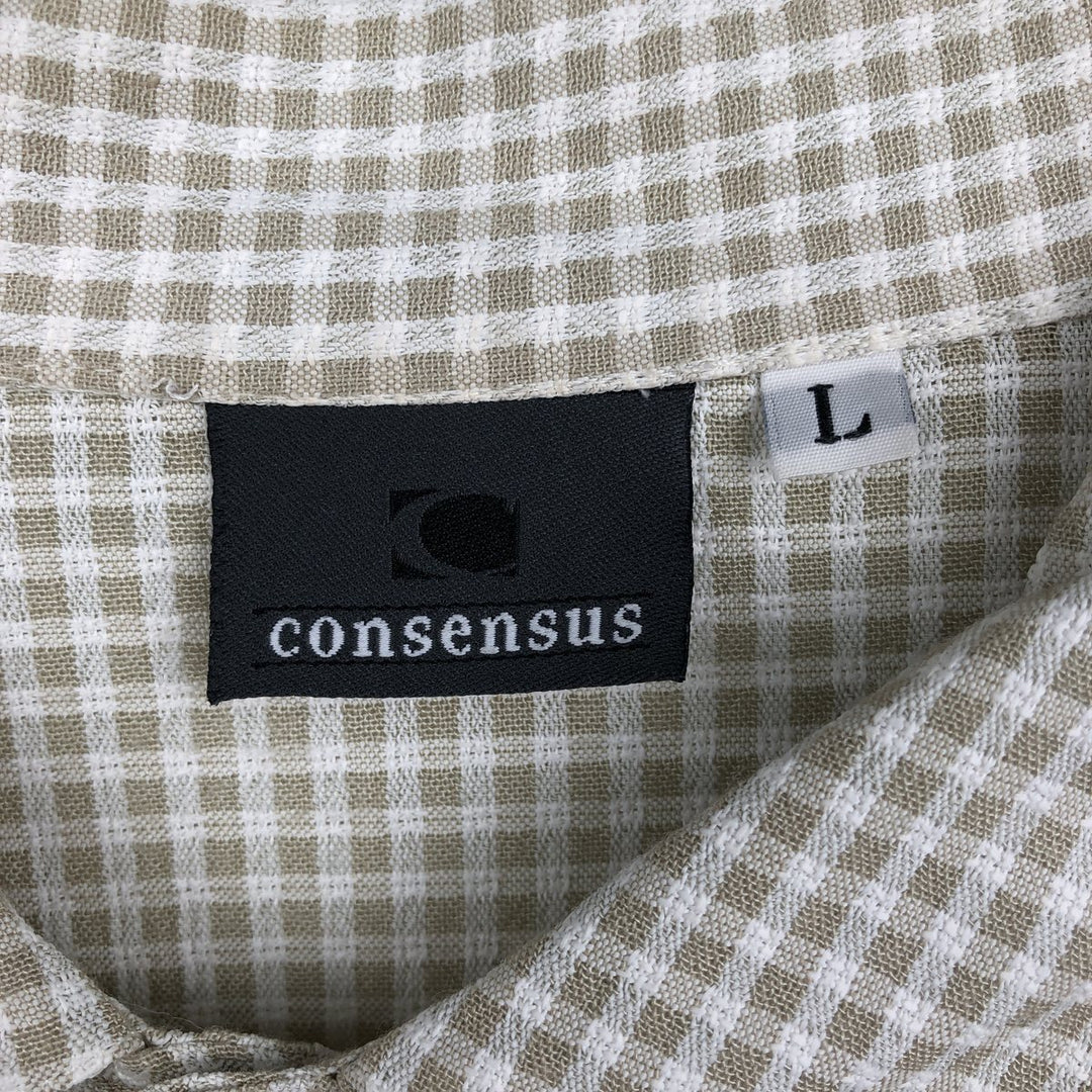 Consensus Check Pattern Short-Sleeve Rayon x Acetate Box Shirt, Made in USA, Men's Size L acetate Beige type Vintage Second Hand