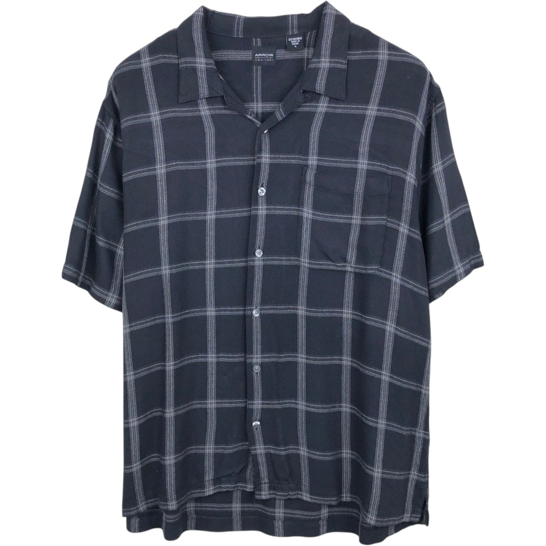 Arrow Check Pattern Short-Sleeve Open Collar Shirt, Boxy Shirt, Men's Size L (approx.) Bamboo black type Vintage Second Hand