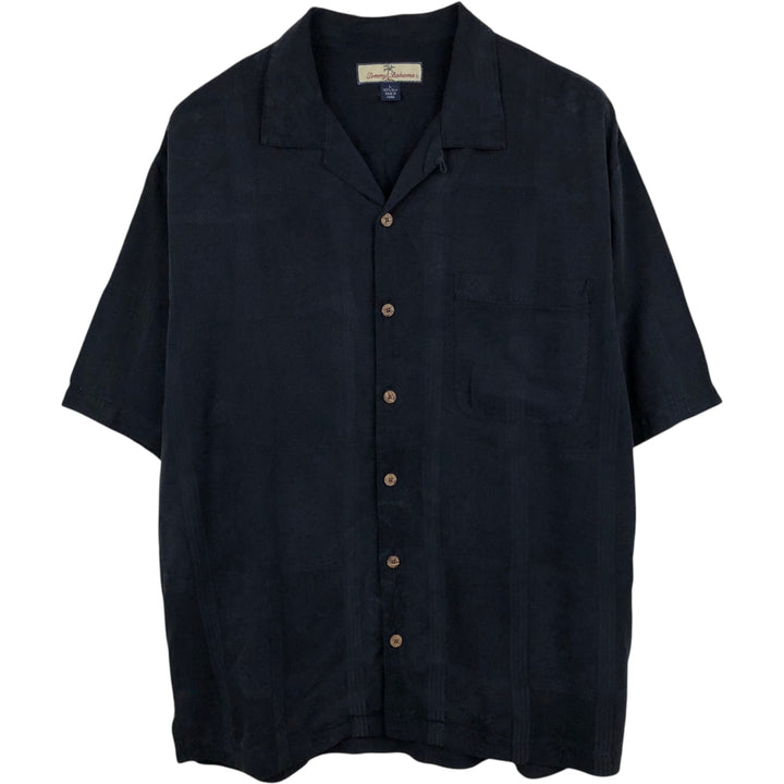 Tommy Bahama RELAX all-over pineapple pattern short-sleeved open-collar silk shirt, boxy fit, men's size L. silk black type Vintage Second Hand