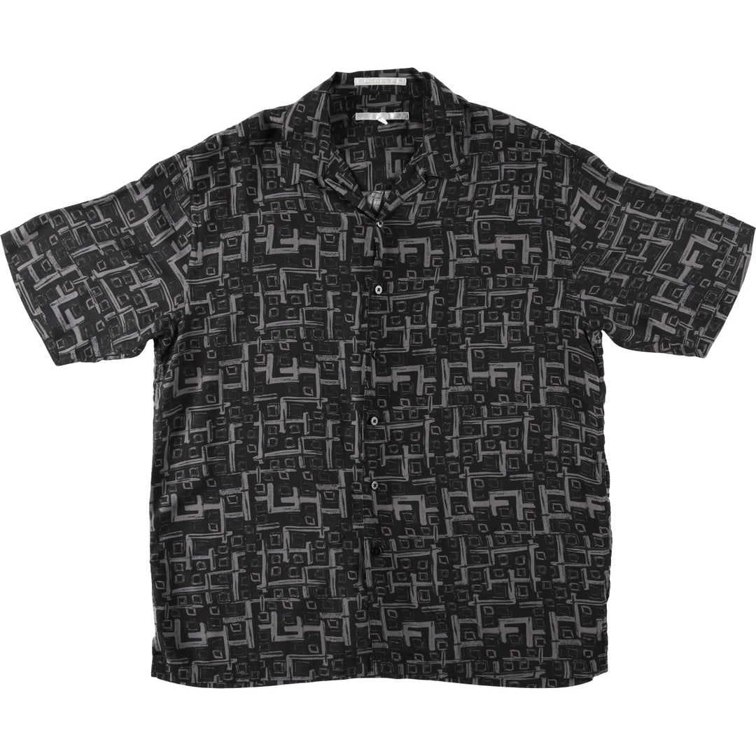 Perry Ellis all-over print short-sleeved open-collar silk shirt, boxy fit, men's size L (approx.) silk black type Vintage Second Hand