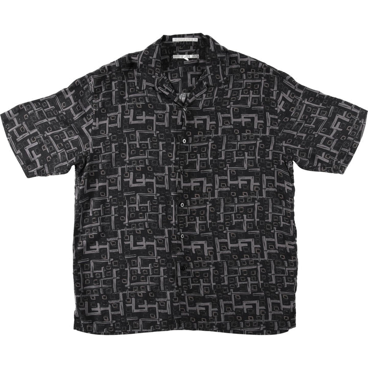 Perry Ellis all-over print short-sleeved open-collar silk shirt, boxy fit, men's size L (approx.) silk black type Vintage Second Hand
