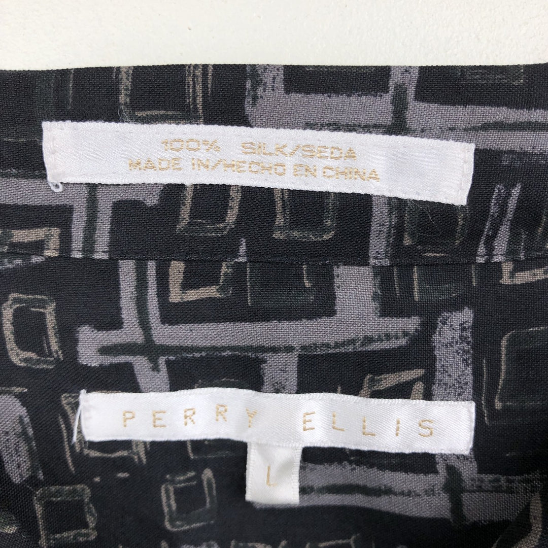 Perry Ellis all-over print short-sleeved open-collar silk shirt, boxy fit, men's size L (approx.) silk black type Vintage Second Hand