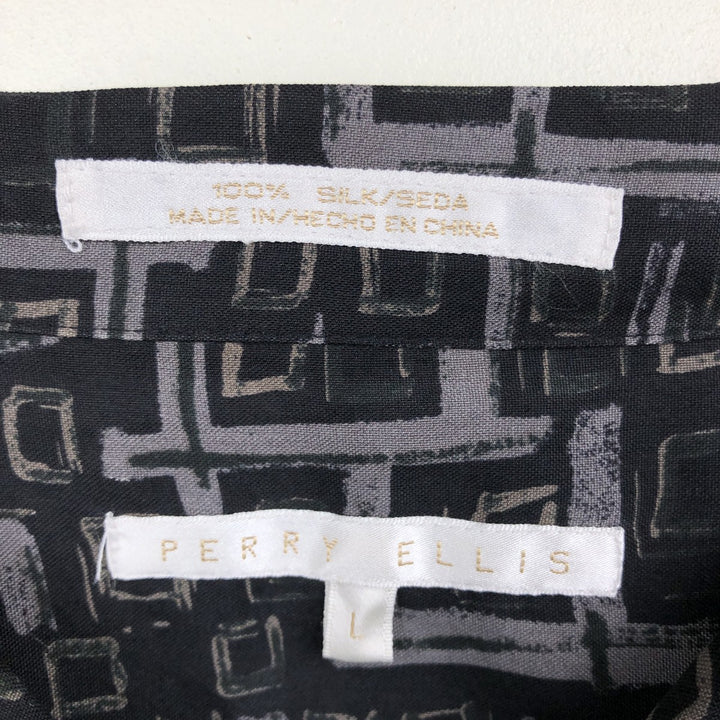 Perry Ellis all-over print short-sleeved open-collar silk shirt, boxy fit, men's size L (approx.) silk black type Vintage Second Hand