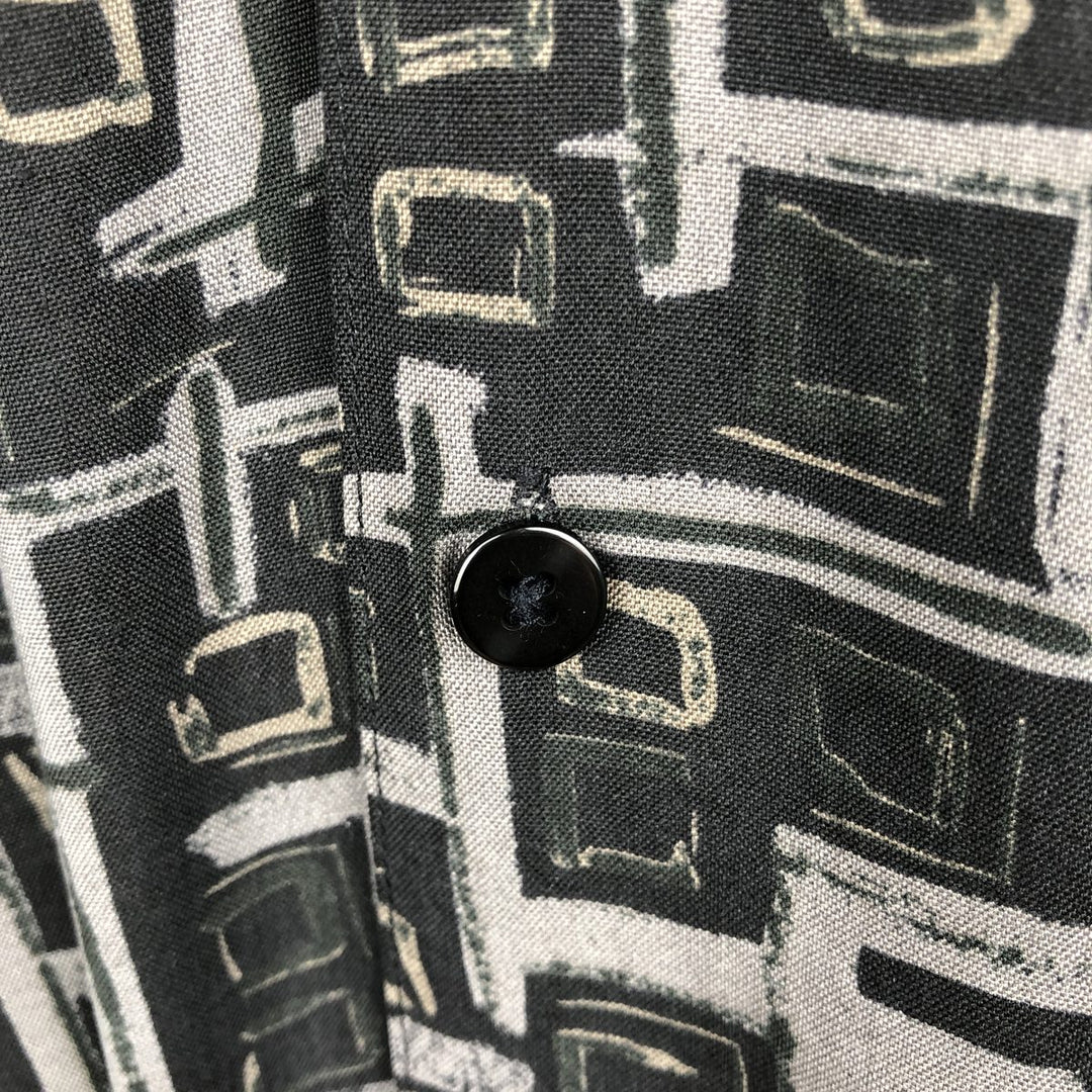 Perry Ellis all-over print short-sleeved open-collar silk shirt, boxy fit, men's size L (approx.) silk black type Vintage Second Hand