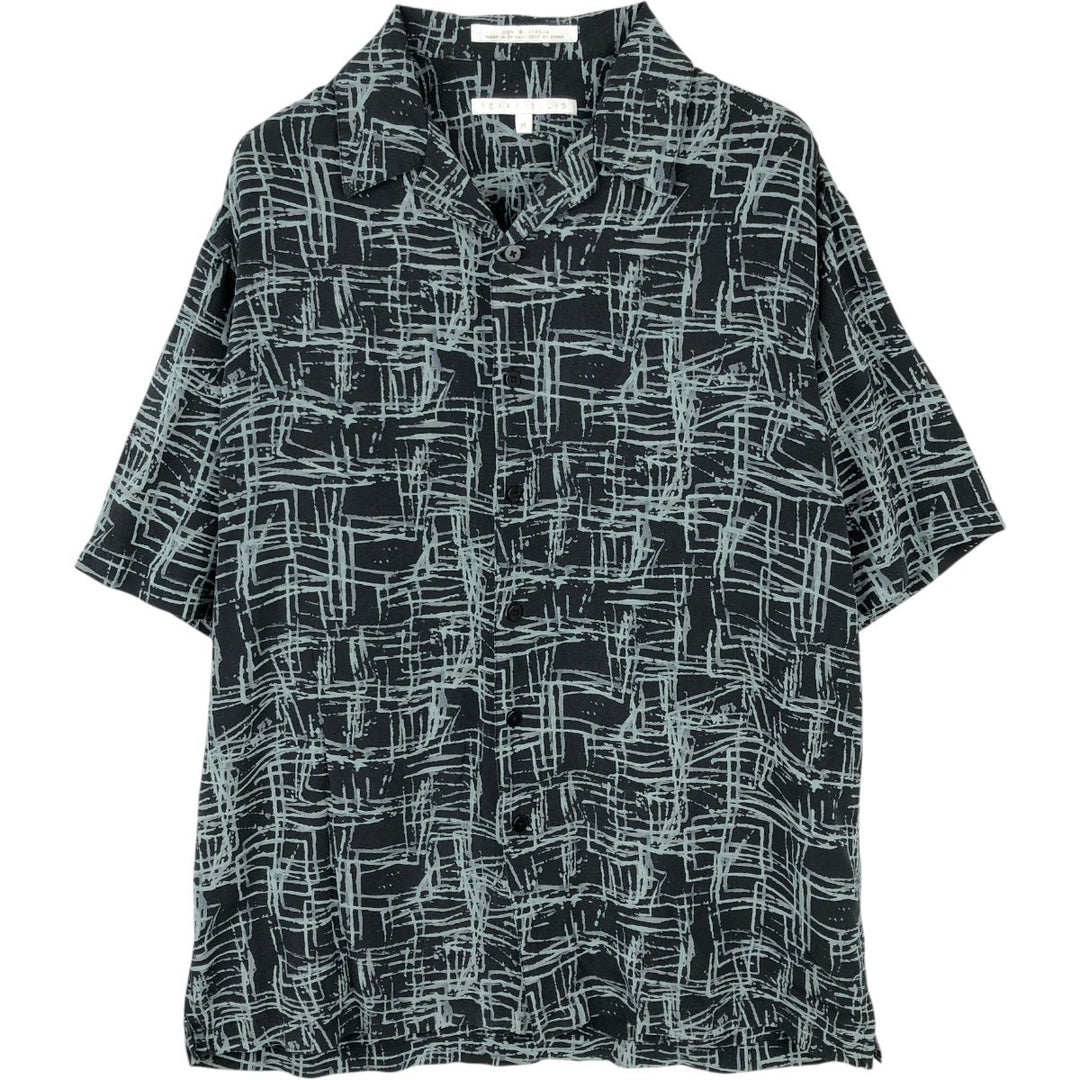 Perry Ellis All-over Print Short Sleeve Open Collar Silk Shirt Box Shirt Men's M Size silk black type Vintage Second Hand