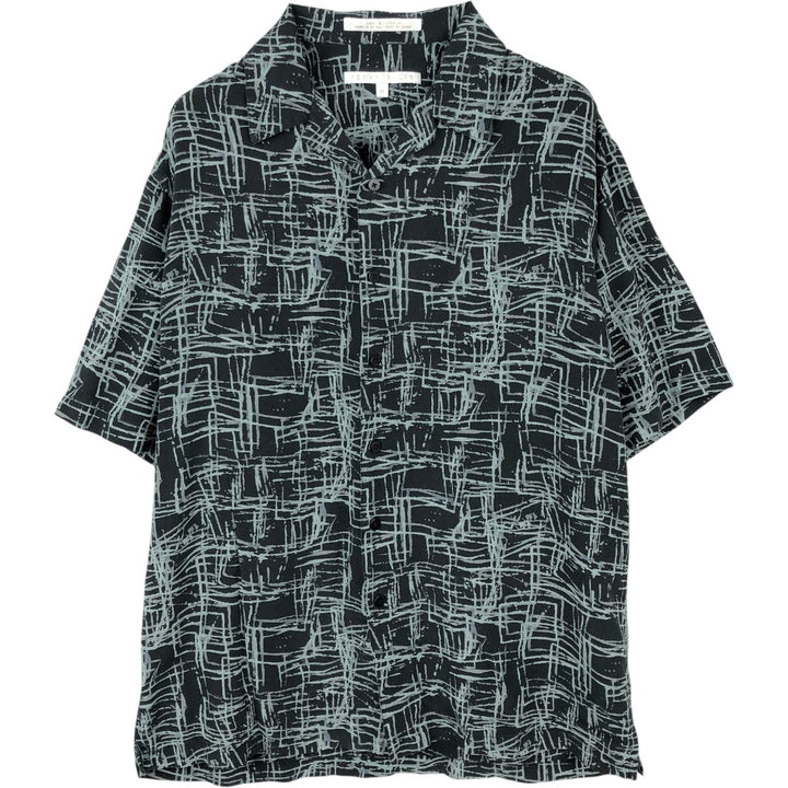 Perry Ellis All-over Print Short Sleeve Open Collar Silk Shirt Box Shirt Men's M Size silk black type Vintage Second Hand