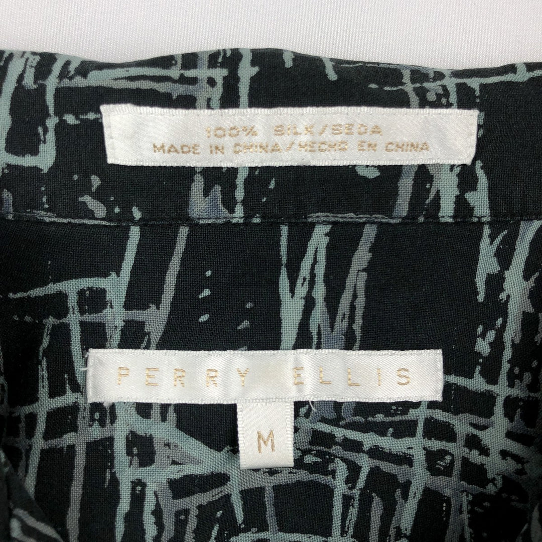 Perry Ellis All-over Print Short Sleeve Open Collar Silk Shirt Box Shirt Men's M Size silk black type Vintage Second Hand