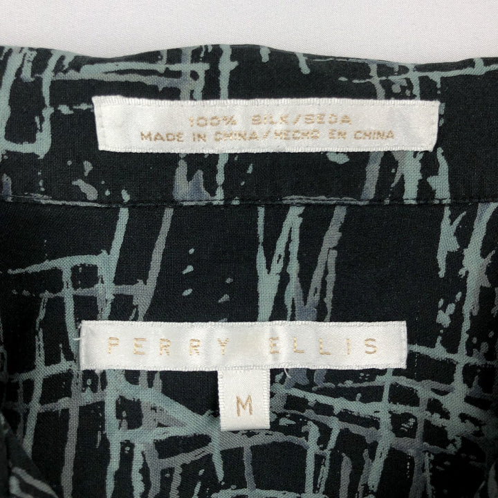 Perry Ellis All-over Print Short Sleeve Open Collar Silk Shirt Box Shirt Men's M Size silk black type Vintage Second Hand