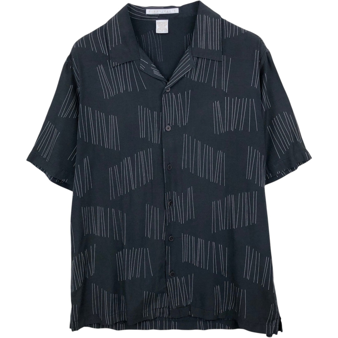 Perry Ellis All-over Print Short Sleeve Open Collar Silk Shirt Box Shirt Men's M Size silk black type Vintage Second Hand