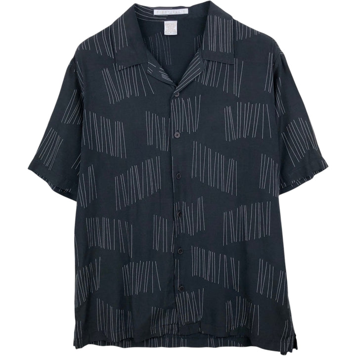 Perry Ellis All-over Print Short Sleeve Open Collar Silk Shirt Box Shirt Men's M Size silk black type Vintage Second Hand