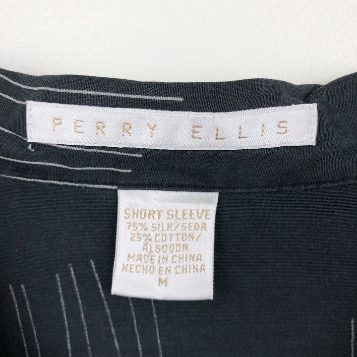 Perry Ellis All-over Print Short Sleeve Open Collar Silk Shirt Box Shirt Men's M Size silk black type Vintage Second Hand