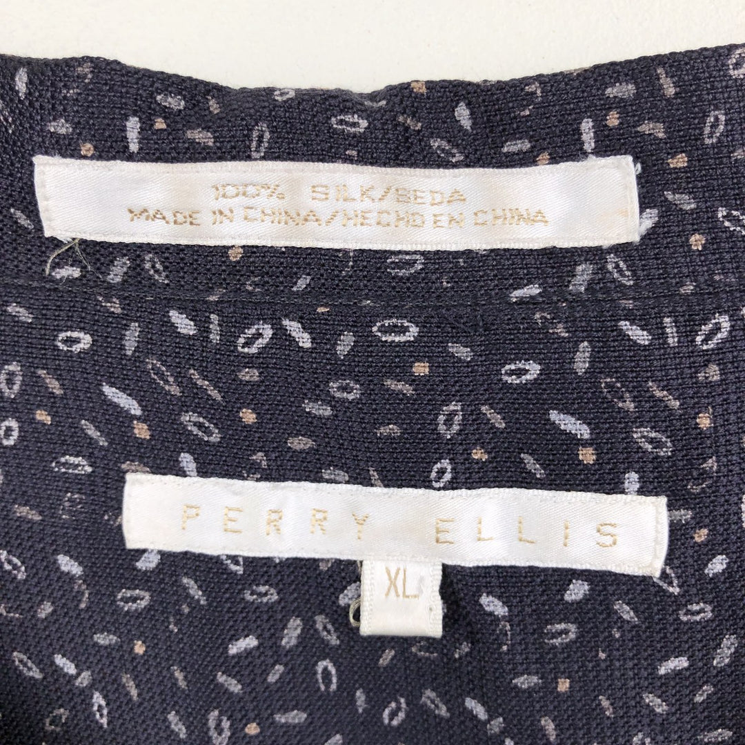 Perry Ellis All-over Print Short Sleeve Open Collar Silk Shirt Box Shirt Men's XL silk black type Vintage Second Hand