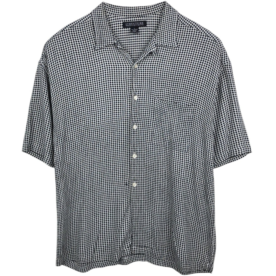 STRUCTURE Check Pattern Short-Sleeve Open Collar Rayon Shirt, Boxy Shirt, Men's Size L (approx.) acetate black type Vintage Second Hand