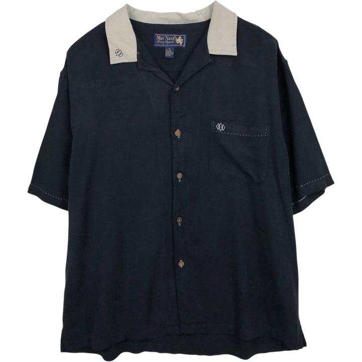 Nat Nast Luxury Originals Short-Sleeve Open-Collar Silk Shirt, Boxy Fit, Men's Size XL silk black type Vintage Second Hand
