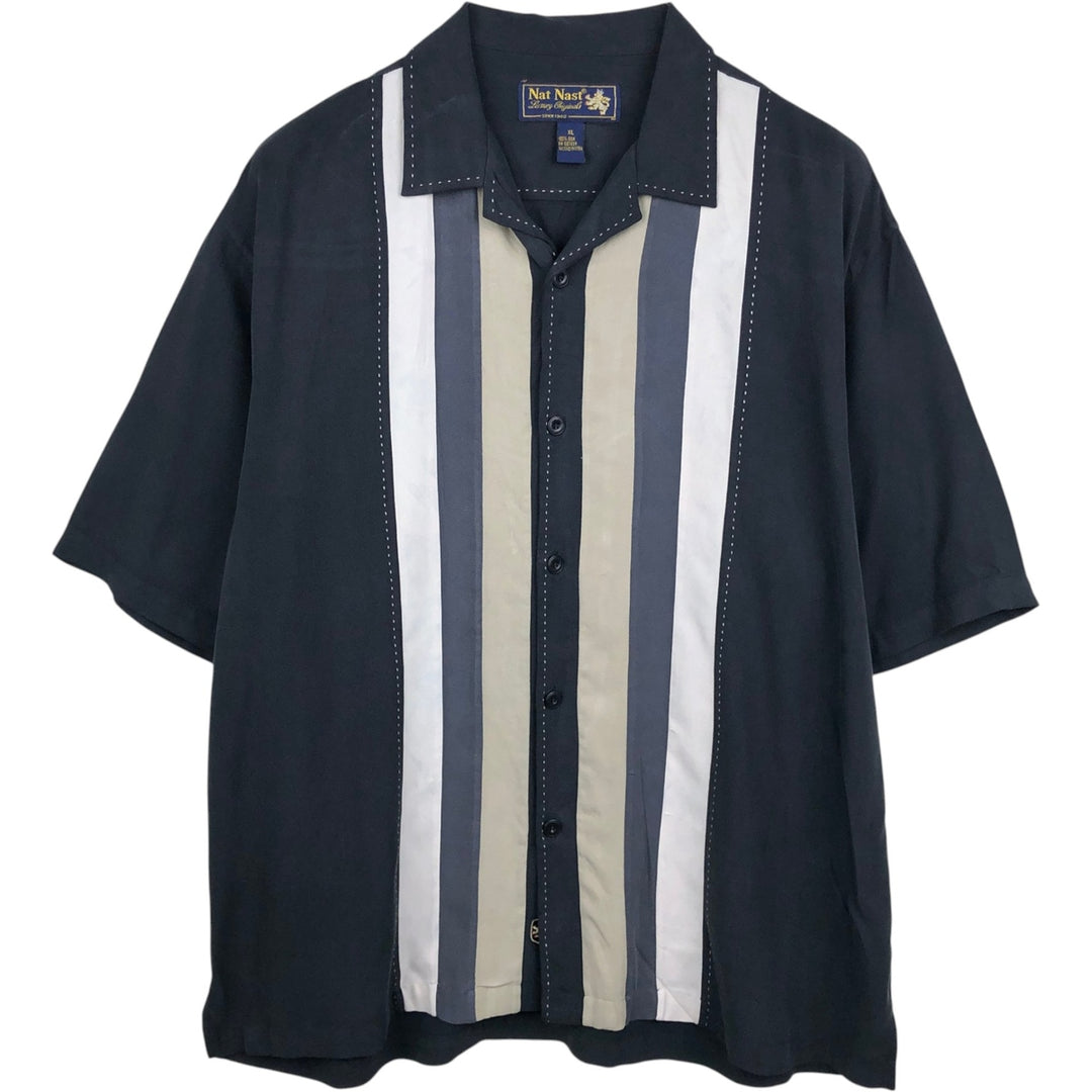 Nat Nast Luxury Originals Short-Sleeve Open-Collar Silk Shirt, Boxy Fit, Men's Size XL silk black type Vintage Second Hand
