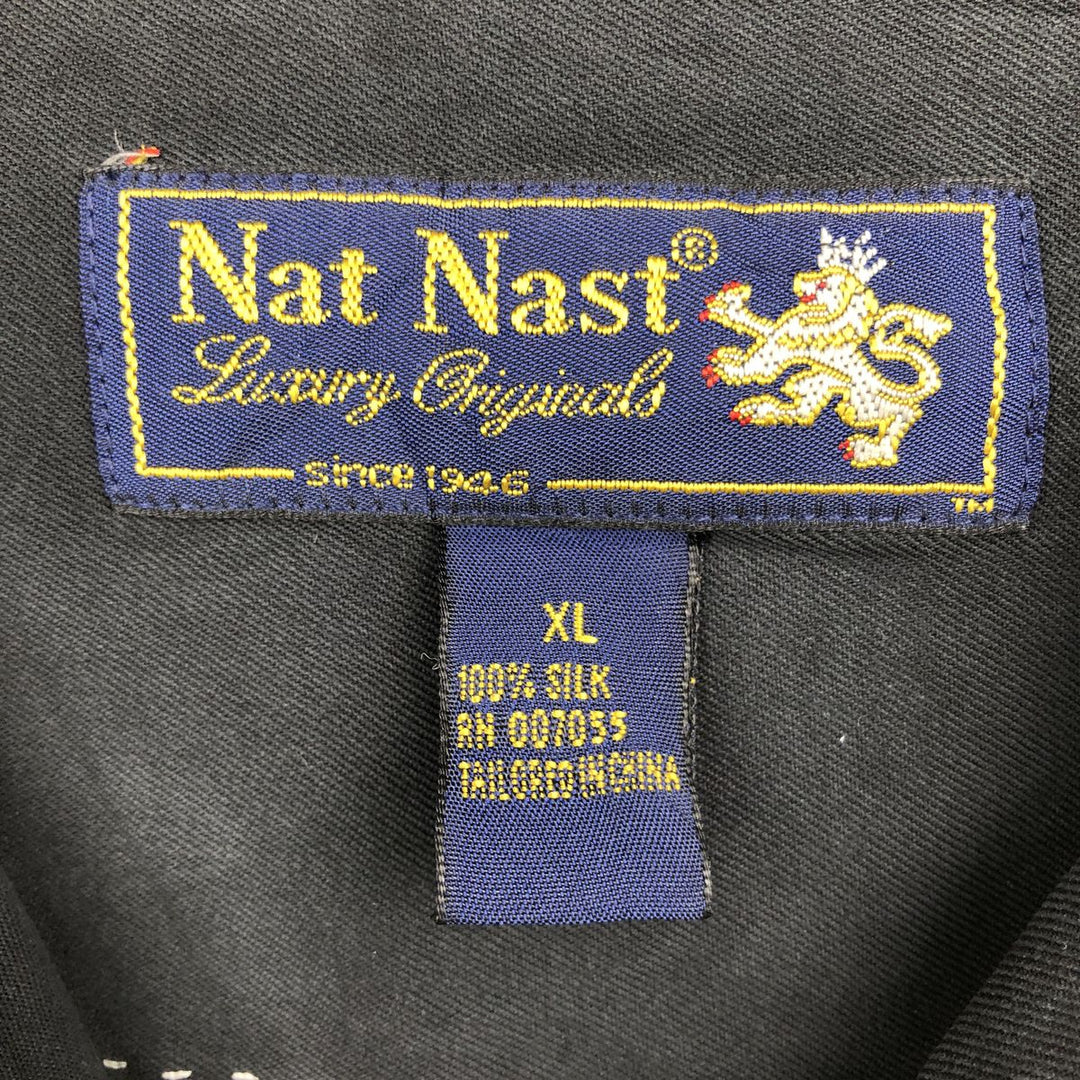 Nat Nast Luxury Originals Short-Sleeve Open-Collar Silk Shirt, Boxy Fit, Men's Size XL silk black type Vintage Second Hand