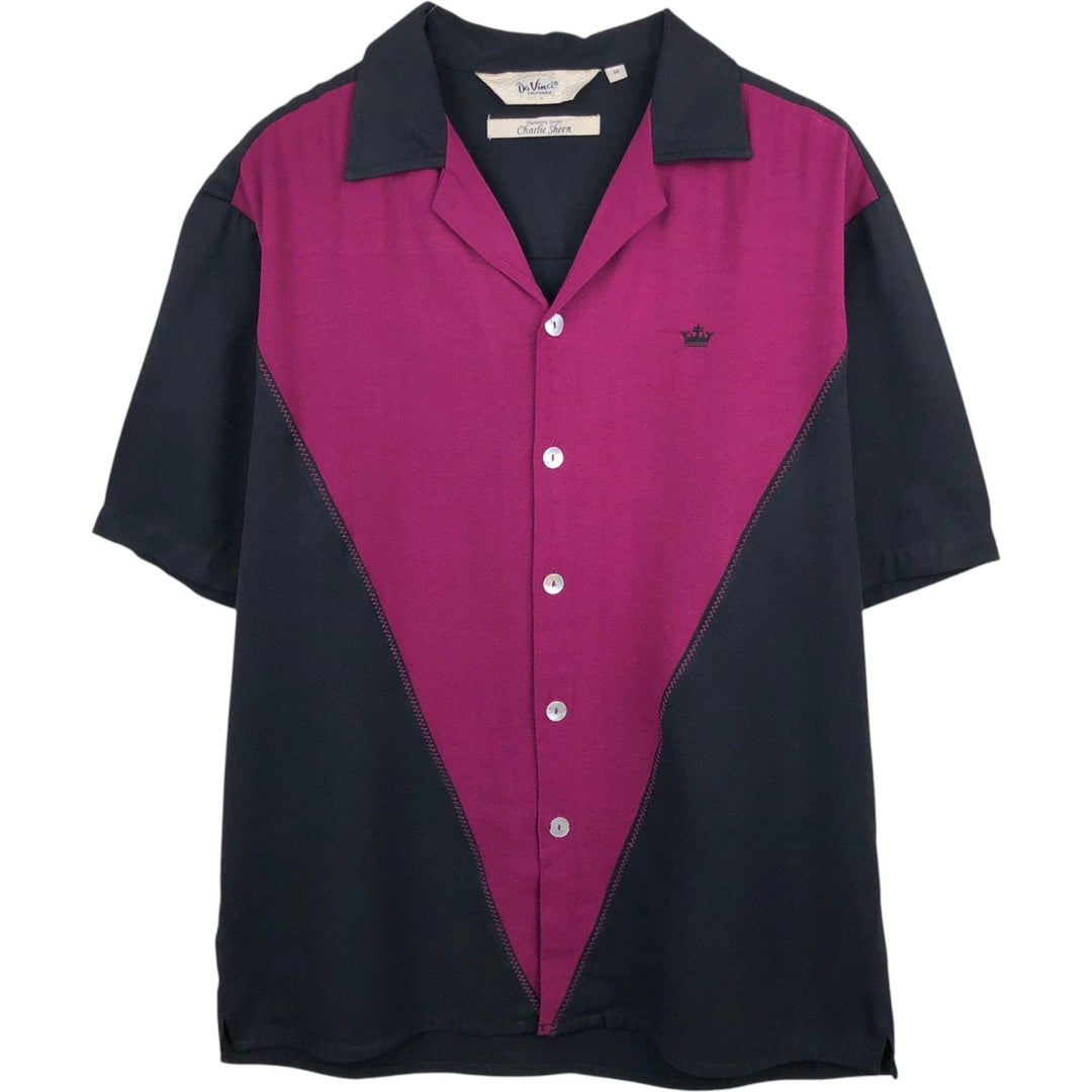 DaVinci Charlie Sheen Two-Tone Short-Sleeve Open-Collar Rayon Shirt, Boxy Fit, Men's Size M (approx.) Rayon black type Vintage Second Hand
