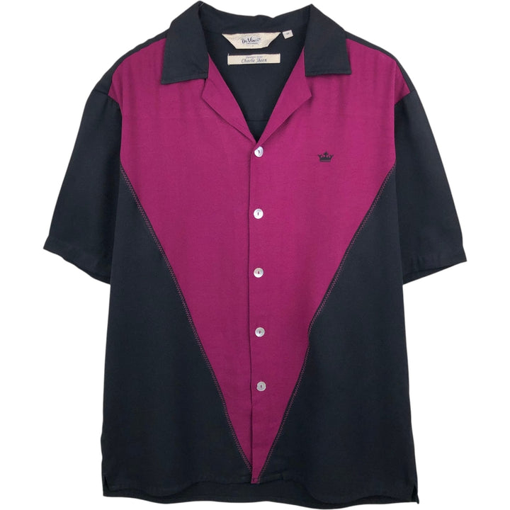 DaVinci Charlie Sheen Two-Tone Short-Sleeve Open-Collar Rayon Shirt, Boxy Fit, Men's Size M (approx.) Rayon black type Vintage Second Hand