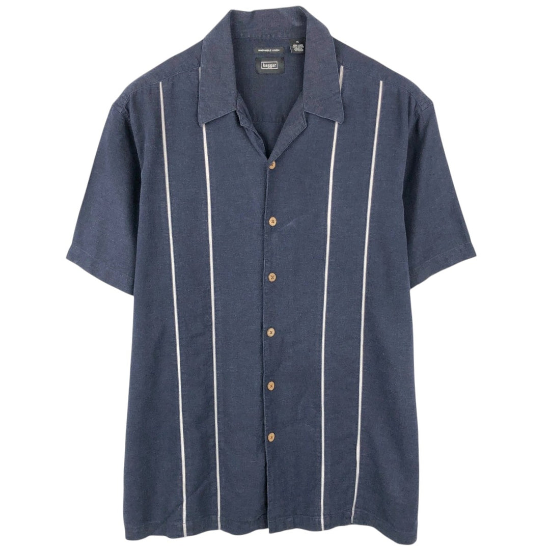 HAGGAR Short-Sleeve Open-Collar Rayon x Linen Shirt, Boxy Fit, Men's Size XL (approx.) linen navy blue type Vintage Second Hand