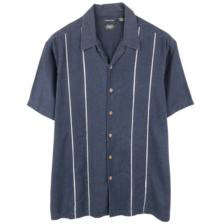 HAGGAR Short-Sleeve Open-Collar Rayon x Linen Shirt, Boxy Fit, Men's Size XL (approx.) linen navy blue type Vintage Second Hand