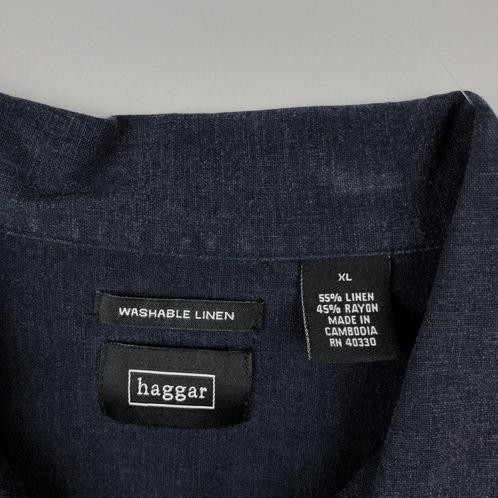HAGGAR Short-Sleeve Open-Collar Rayon x Linen Shirt, Boxy Fit, Men's Size XL (approx.) linen navy blue type Vintage Second Hand