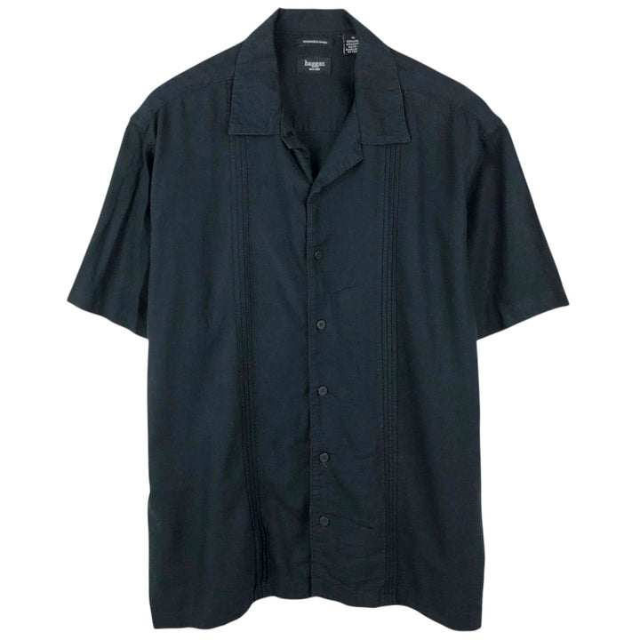 HAGGAR Short-Sleeve Open-Collar Rayon x Linen Shirt, Boxy Fit, Men's Size XL (approx.) linen black type Vintage Second Hand