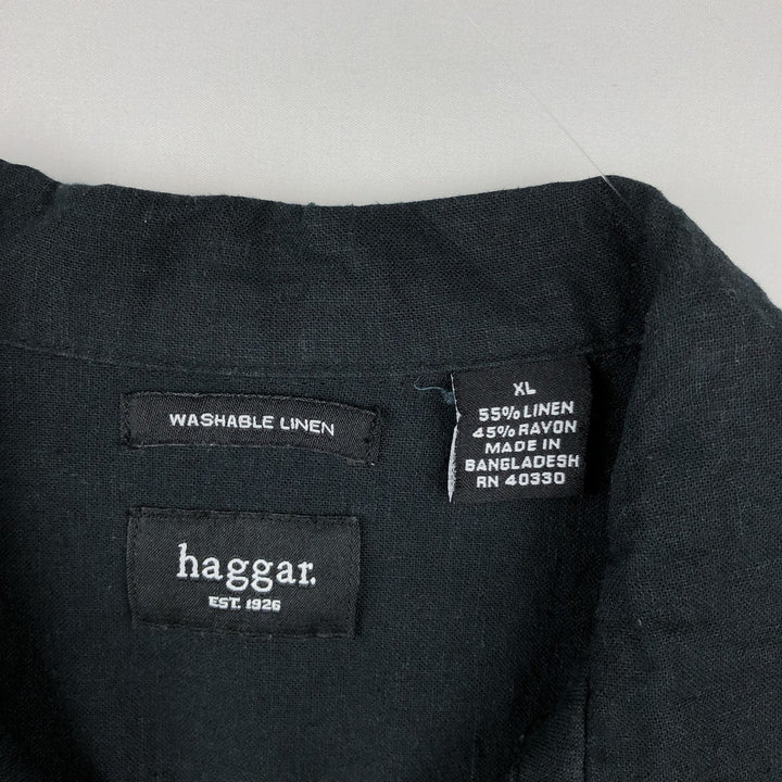 HAGGAR Short-Sleeve Open-Collar Rayon x Linen Shirt, Boxy Fit, Men's Size XL (approx.) linen black type Vintage Second Hand