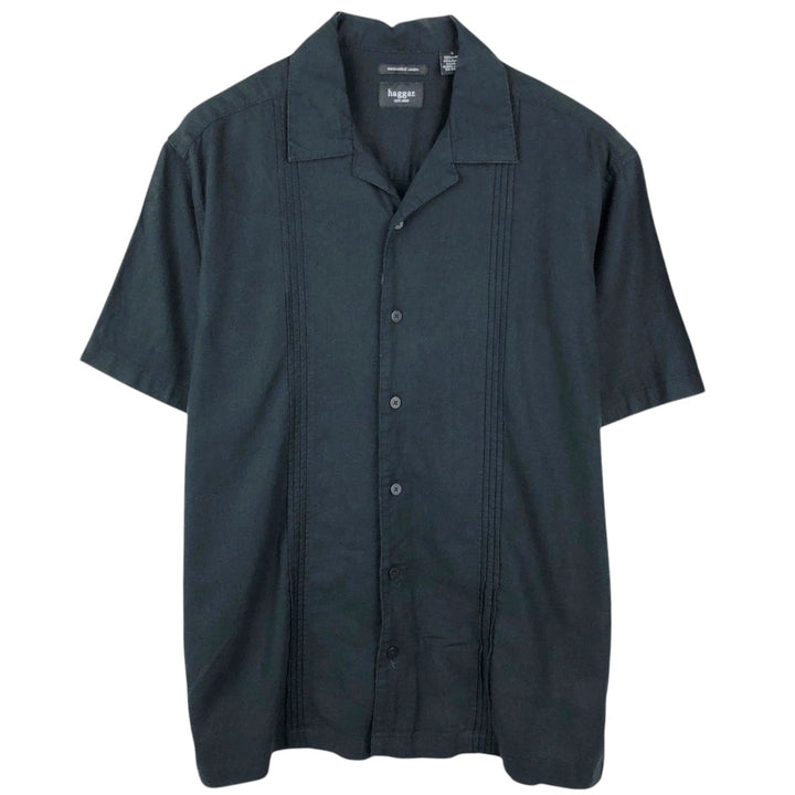 HAGGAR Short-Sleeve Open-Collar Rayon x Linen Shirt, Boxy Fit, Men's Size L (approx.) linen navy blue type Vintage Second Hand