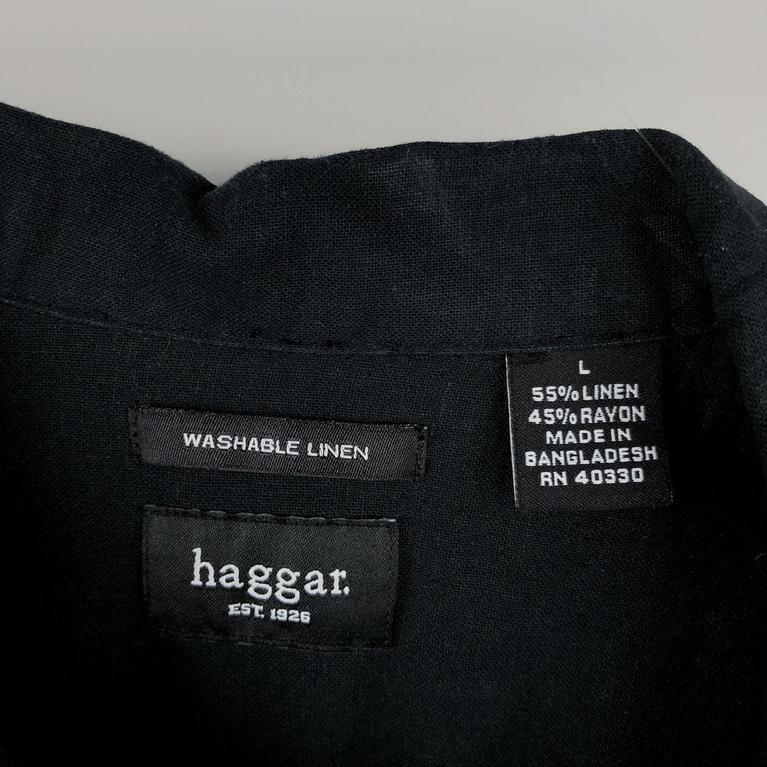 HAGGAR Short-Sleeve Open-Collar Rayon x Linen Shirt, Boxy Fit, Men's Size L (approx.) linen navy blue type Vintage Second Hand