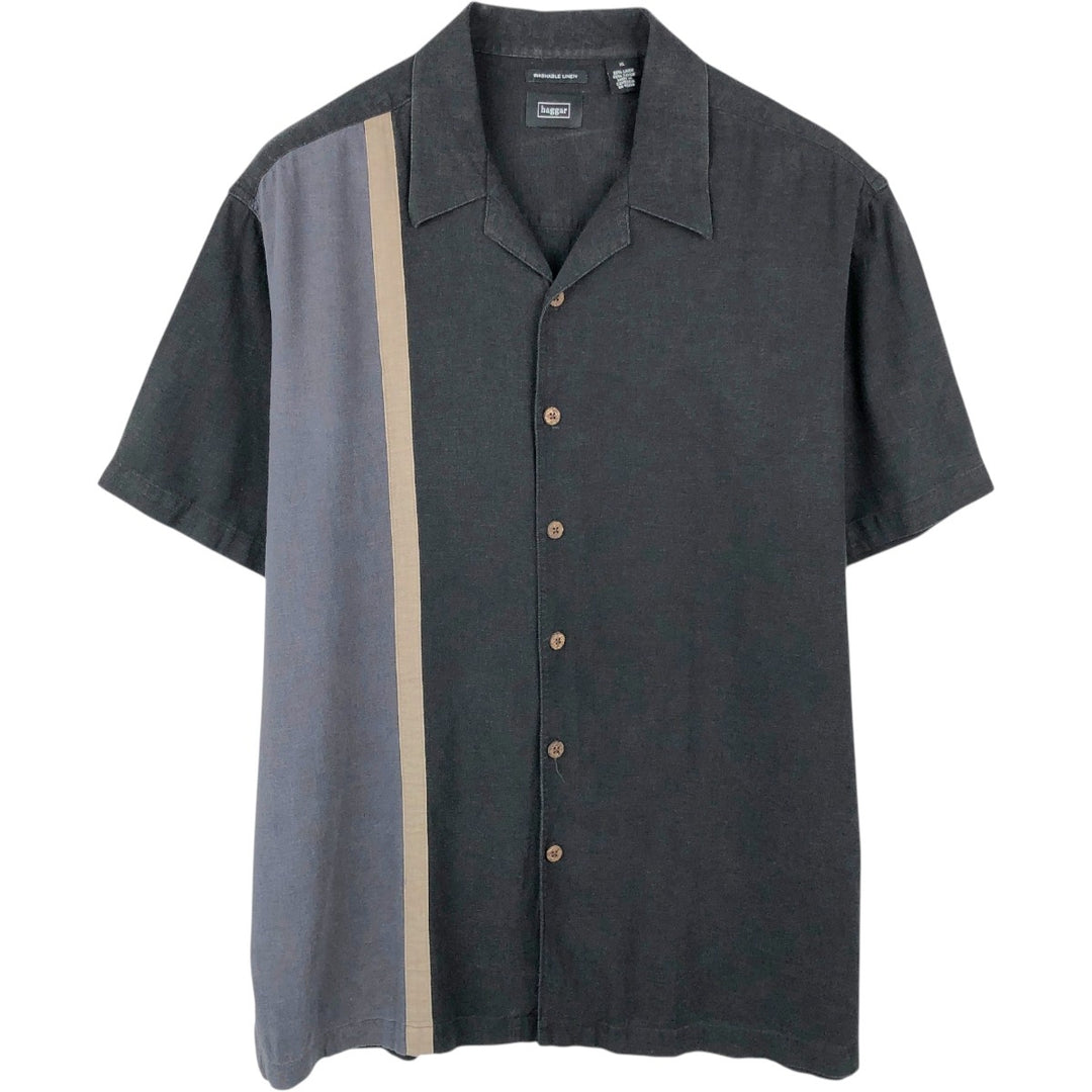 HAGGAR Short-Sleeve Open-Collar Rayon x Linen Shirt, Boxy Fit, Men's Size XL (approx.) linen black type Vintage Second Hand
