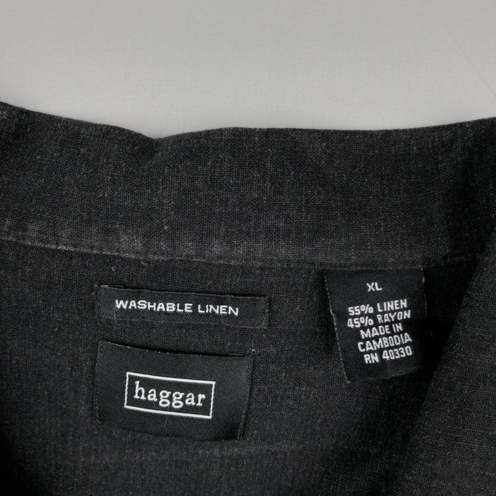 HAGGAR Short-Sleeve Open-Collar Rayon x Linen Shirt, Boxy Fit, Men's Size XL (approx.) linen black type Vintage Second Hand