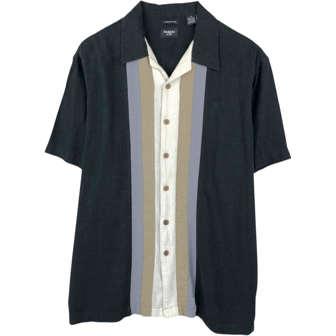 HAGGAR Short-Sleeve Open-Collar Rayon x Linen Shirt, Boxy Fit, Men's Size XL (approx.) linen black type Vintage Second Hand