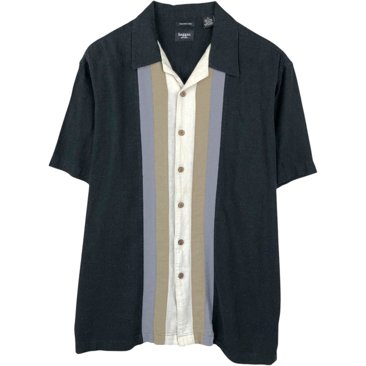 HAGGAR Short-Sleeve Open-Collar Rayon x Linen Shirt, Boxy Fit, Men's Size XL (approx.) linen black type Vintage Second Hand