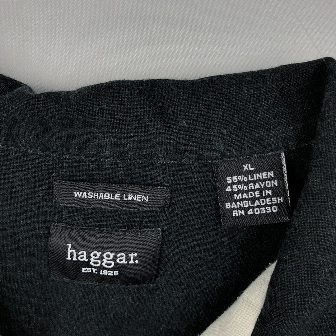 HAGGAR Short-Sleeve Open-Collar Rayon x Linen Shirt, Boxy Fit, Men's Size XL (approx.) linen black type Vintage Second Hand