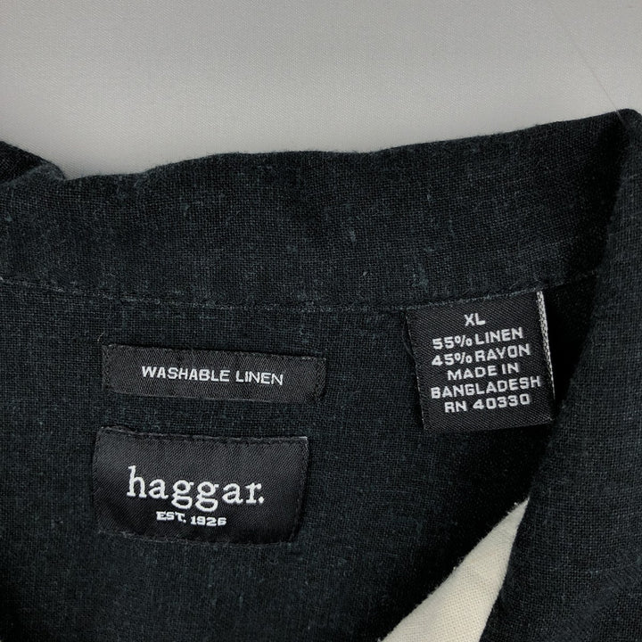 HAGGAR Short-Sleeve Open-Collar Rayon x Linen Shirt, Boxy Fit, Men's Size XL (approx.) linen black type Vintage Second Hand