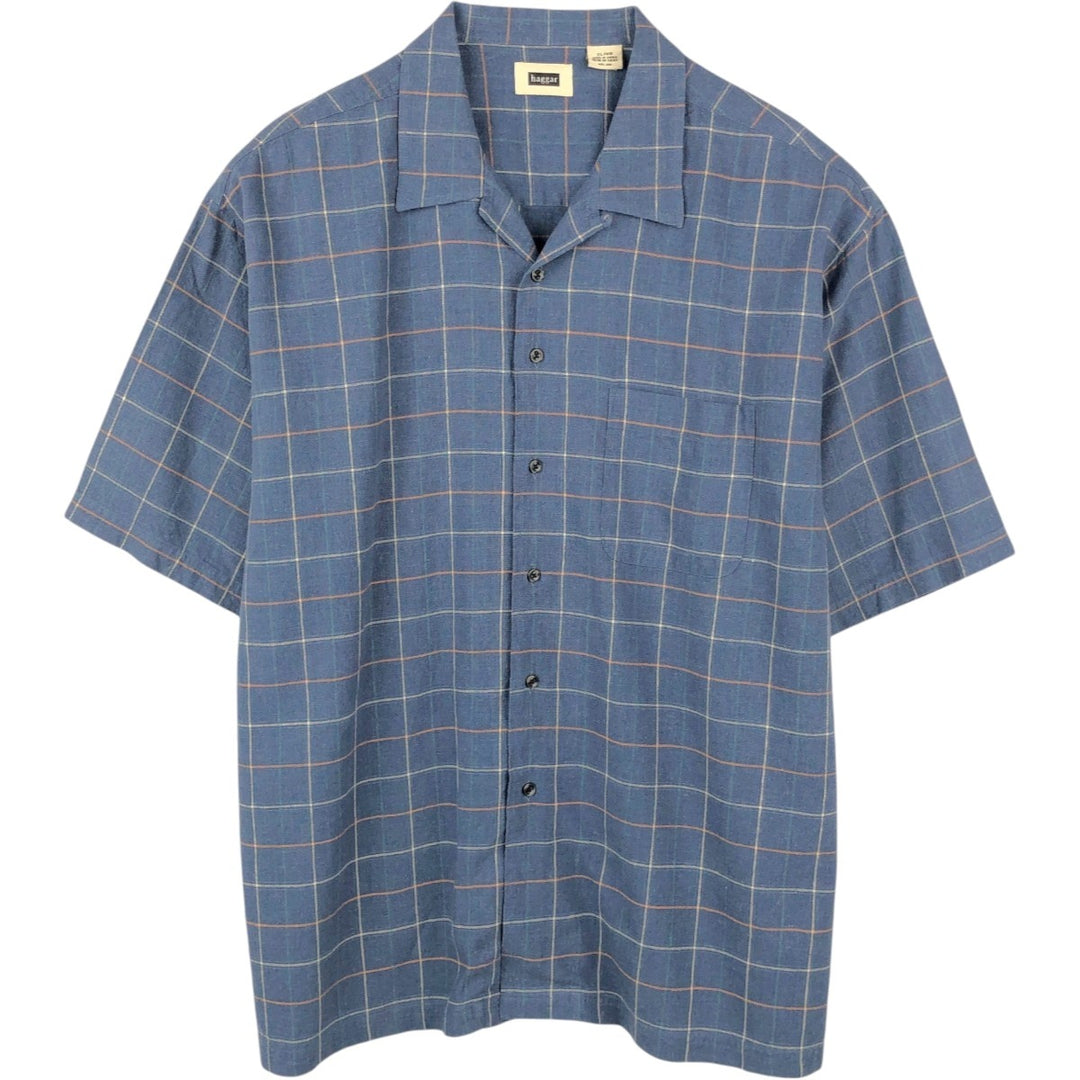 HAGGAR Check Pattern Short-Sleeve Open Collar Rayon x Linen Shirt, Boxy Shirt, Men's XL Equivalent linen navy blue type Vintage Second Hand