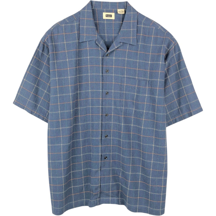 HAGGAR Check Pattern Short-Sleeve Open Collar Rayon x Linen Shirt, Boxy Shirt, Men's XL Equivalent linen navy blue type Vintage Second Hand