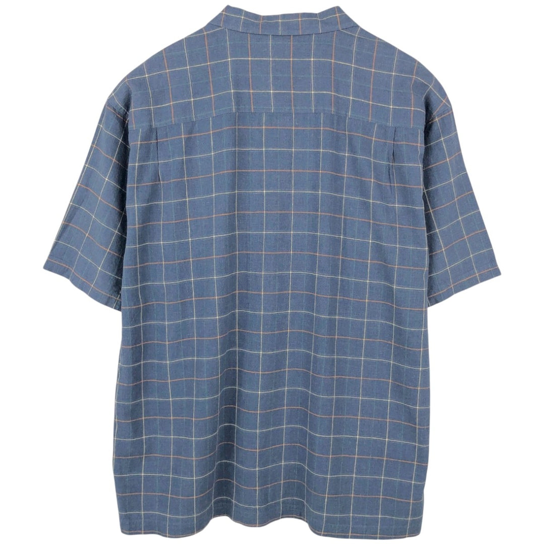 HAGGAR Check Pattern Short-Sleeve Open Collar Rayon x Linen Shirt, Boxy Shirt, Men's XL Equivalent linen navy blue type Vintage Second Hand
