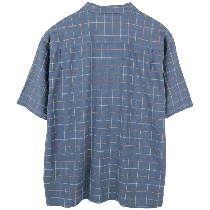 HAGGAR Check Pattern Short-Sleeve Open Collar Rayon x Linen Shirt, Boxy Shirt, Men's XL Equivalent linen navy blue type Vintage Second Hand
