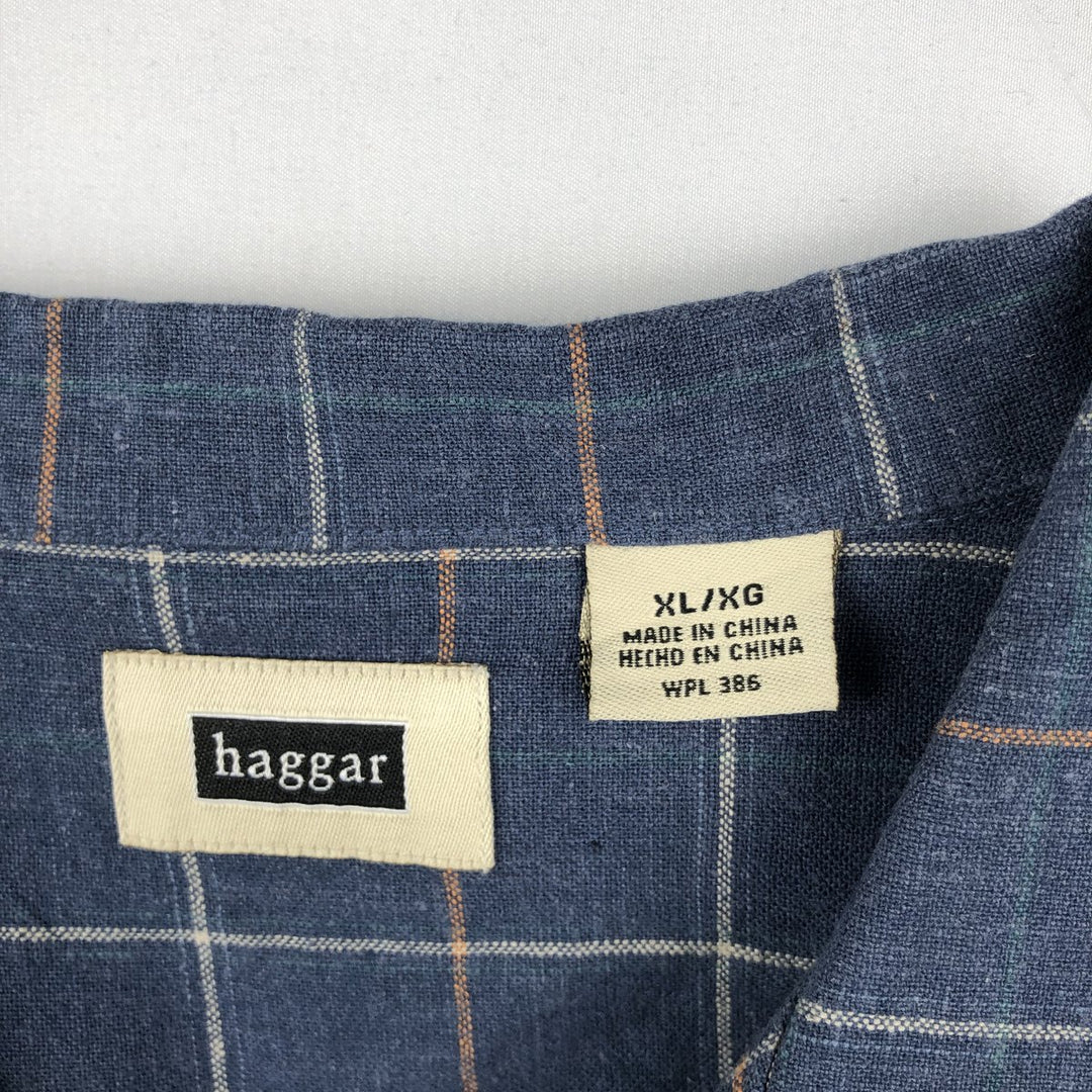 HAGGAR Check Pattern Short-Sleeve Open Collar Rayon x Linen Shirt, Boxy Shirt, Men's XL Equivalent linen navy blue type Vintage Second Hand