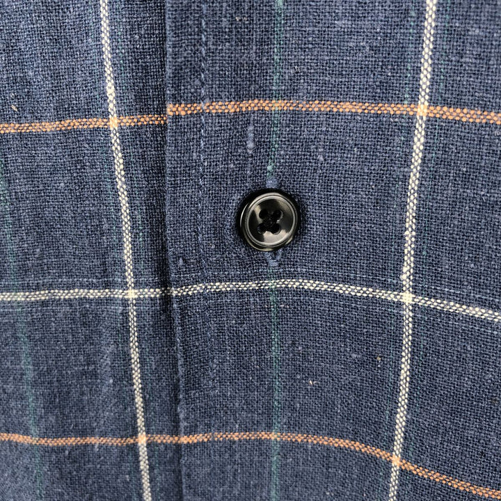 HAGGAR Check Pattern Short-Sleeve Open Collar Rayon x Linen Shirt, Boxy Shirt, Men's XL Equivalent linen navy blue type Vintage Second Hand