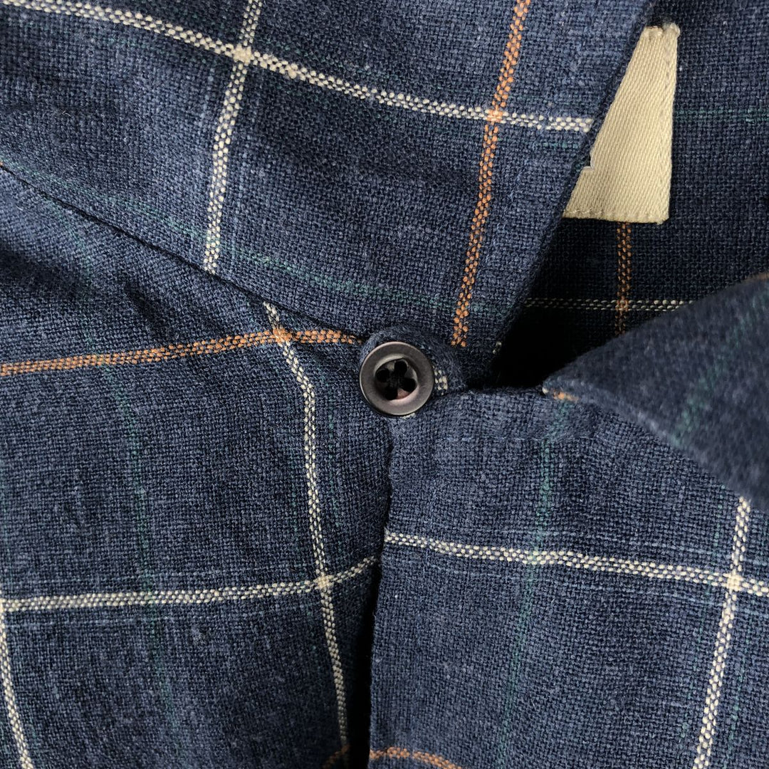 HAGGAR Check Pattern Short-Sleeve Open Collar Rayon x Linen Shirt, Boxy Shirt, Men's XL Equivalent linen navy blue type Vintage Second Hand
