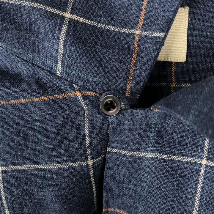HAGGAR Check Pattern Short-Sleeve Open Collar Rayon x Linen Shirt, Boxy Shirt, Men's XL Equivalent linen navy blue type Vintage Second Hand