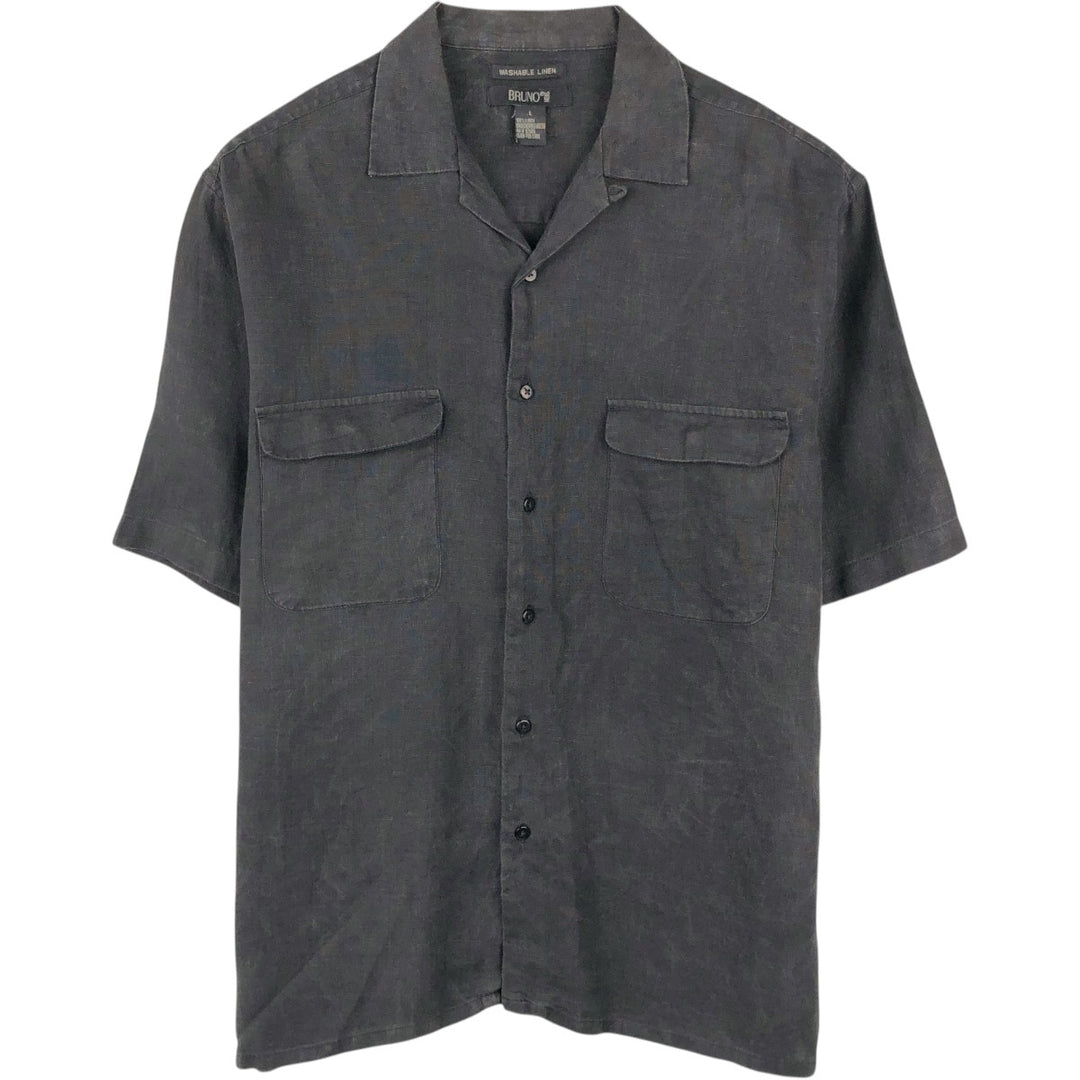 BRUNO Short-Sleeve Open-Collar Linen Shirt, Boxy Shirt, Men's Size L (approx.) linen black type Vintage Second Hand