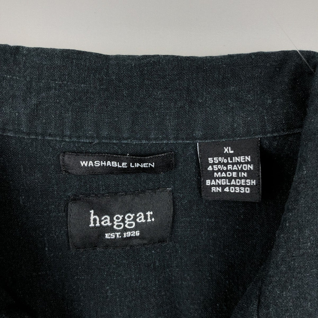 HAGGAR Short-Sleeve Open-Collar Rayon x Linen Shirt, Boxy Fit, Men's Size XL (approx.) linen black type Vintage Second Hand