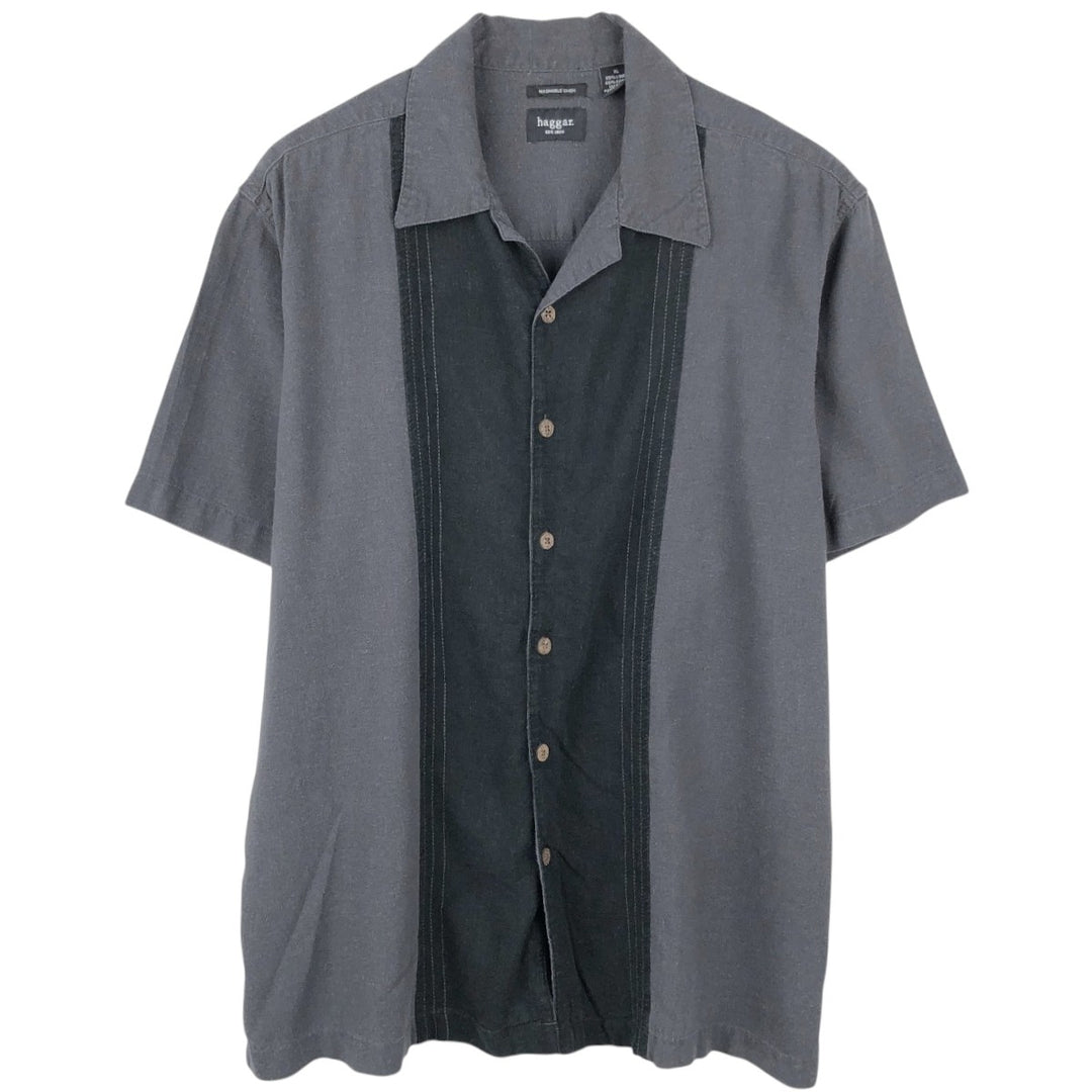 HAGGAR Linen x Rayon Open Collar Short Sleeve Two-Tone Shirt, Boxy Shirt, Men's XL Equivalent linen Charcoal Vintage Second Hand
