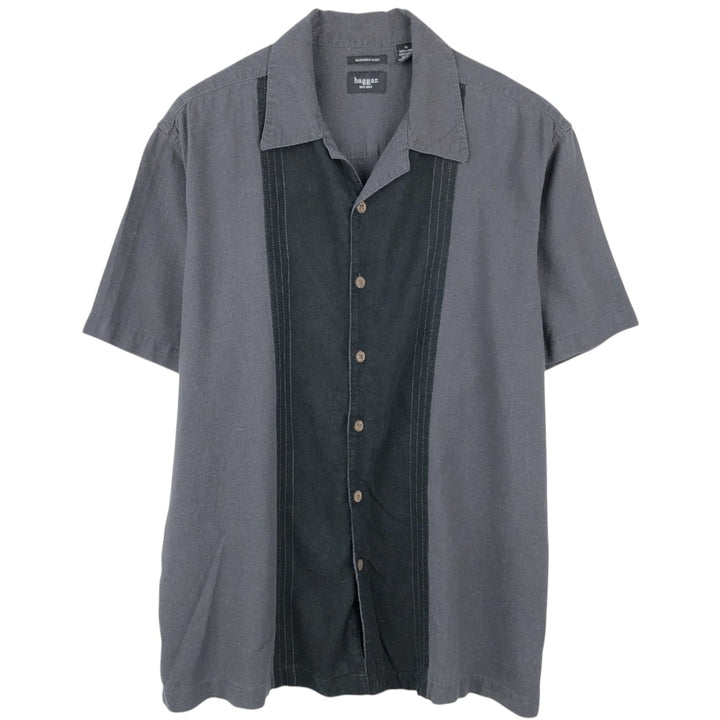 HAGGAR Linen x Rayon Open Collar Short Sleeve Two-Tone Shirt, Boxy Shirt, Men's XL Equivalent linen Charcoal Vintage Second Hand