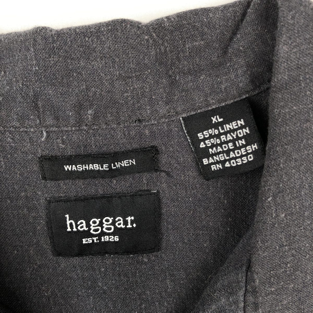 HAGGAR Linen x Rayon Open Collar Short Sleeve Two-Tone Shirt, Boxy Shirt, Men's XL Equivalent linen Charcoal Vintage Second Hand