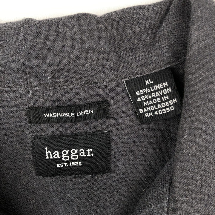 HAGGAR Linen x Rayon Open Collar Short Sleeve Two-Tone Shirt, Boxy Shirt, Men's XL Equivalent linen Charcoal Vintage Second Hand
