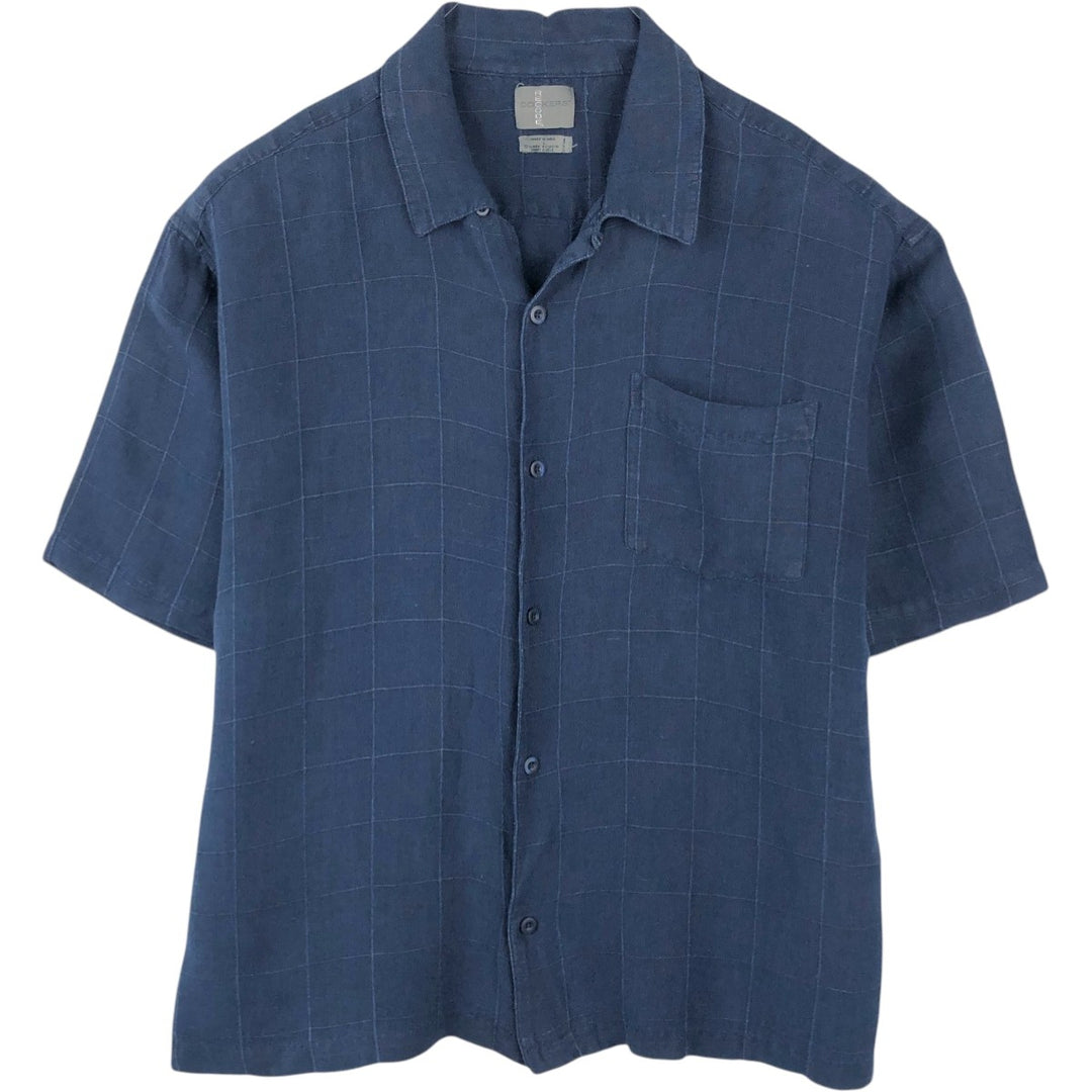Dockers Record Short-Sleeve Open-Collar Rayon x Linen Shirt, Boxy Fit, Men's Size L (approx.) linen navy blue type Vintage Second Hand